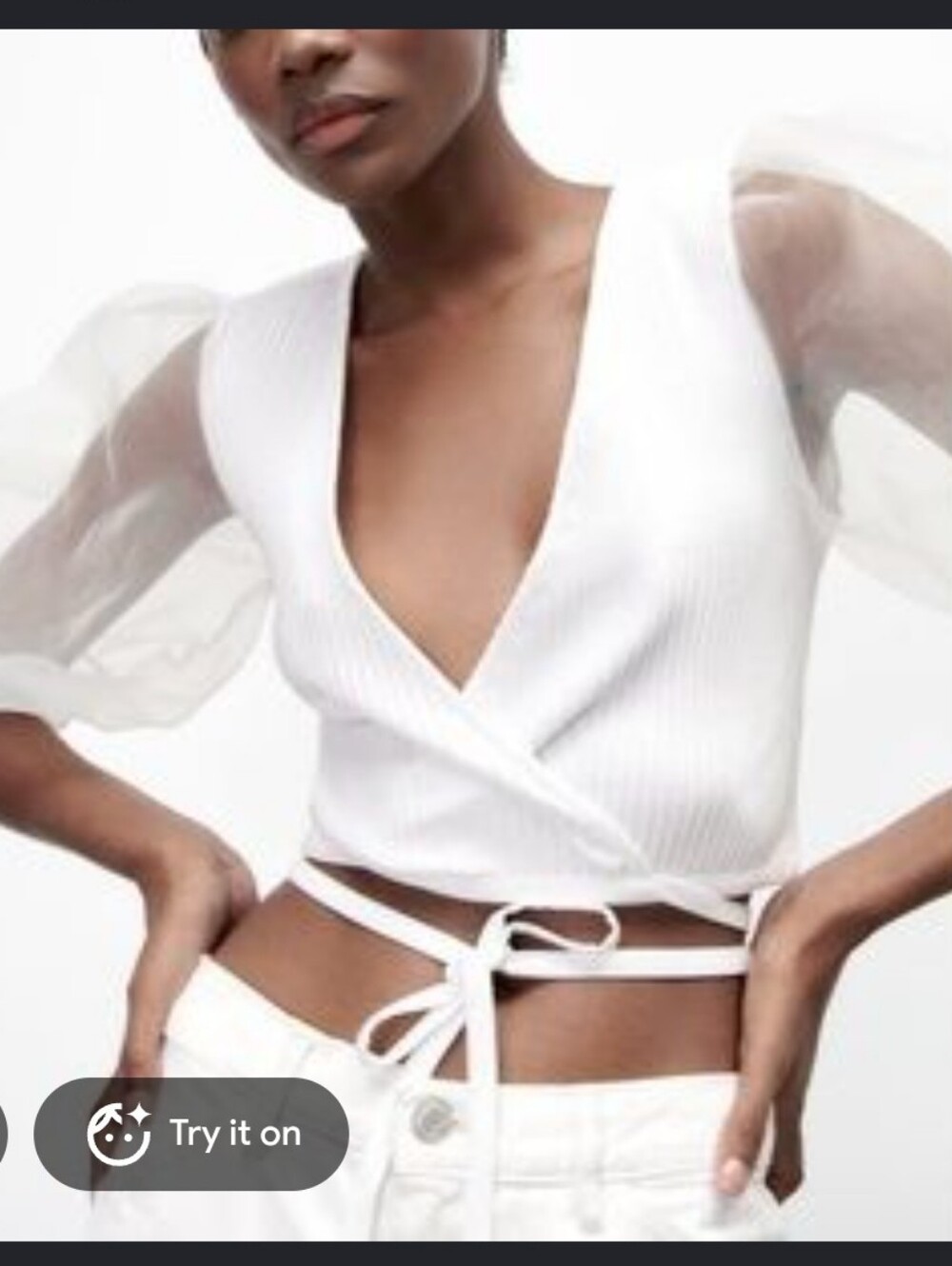 Zara White Sheer Puff-Sleeve Tie-Front Bandeau